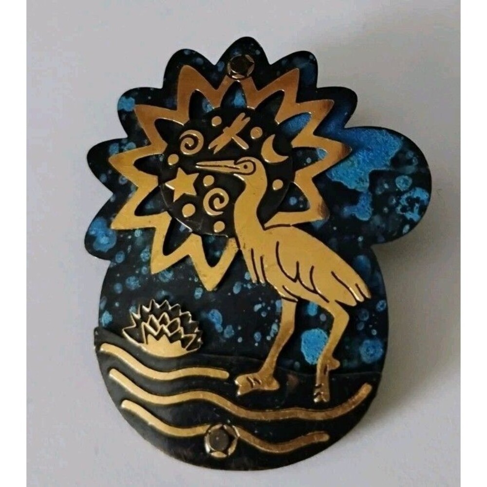 Vintage Blue Heron Egret Brooch Pin Celestial Sun Moon Water Art Deco Style